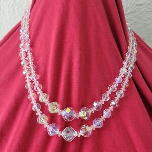 Vintage Crystal Aurora Borealis Necklace Faceted 2 Strand Graduated  23"